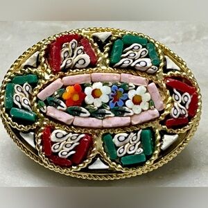 Vintage Italian Micro-Mosaic Colorful Glass Brooch w/ Flowers